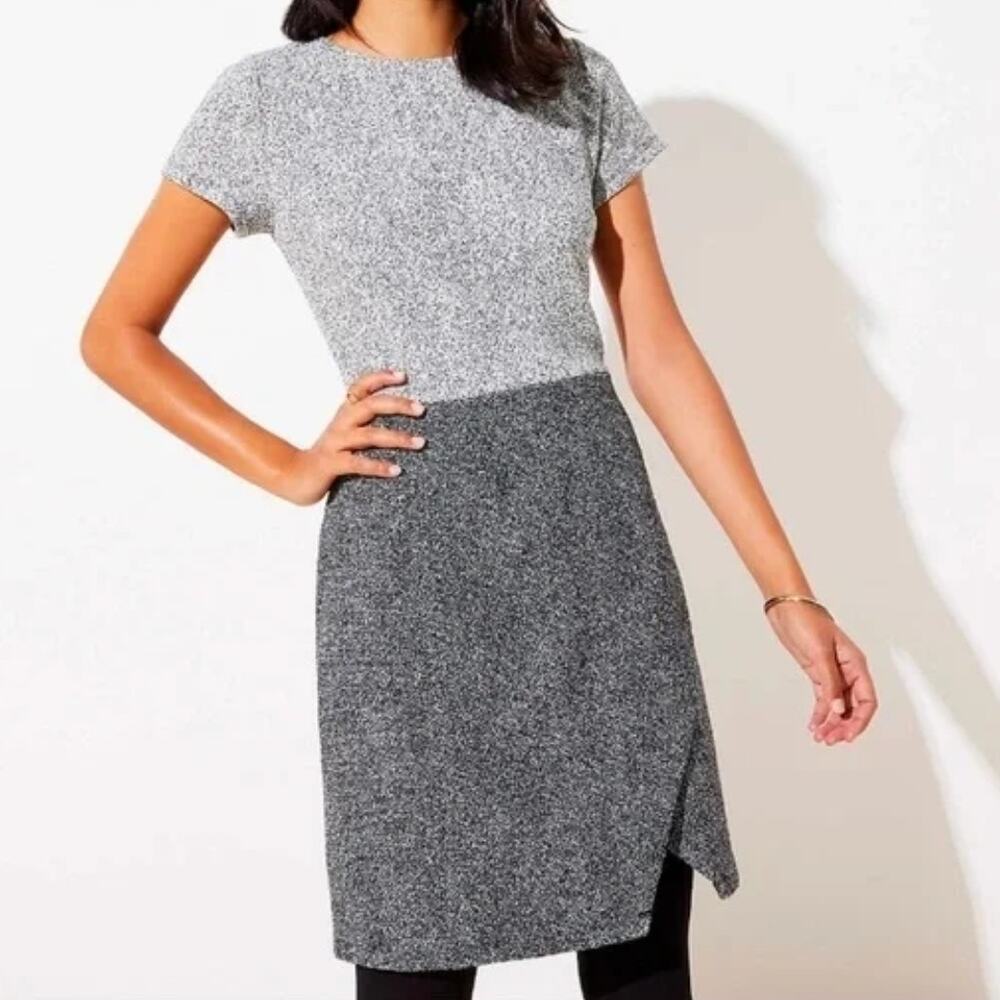 LOFT Speckled Wrap Sheath Gray & Black Dress‎ Womens Size 12P NWT Preppy Modest